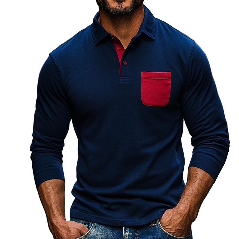 Men's Retro Casual Colorblock Lapel Long Sleeve T-Shirt 89164520TO