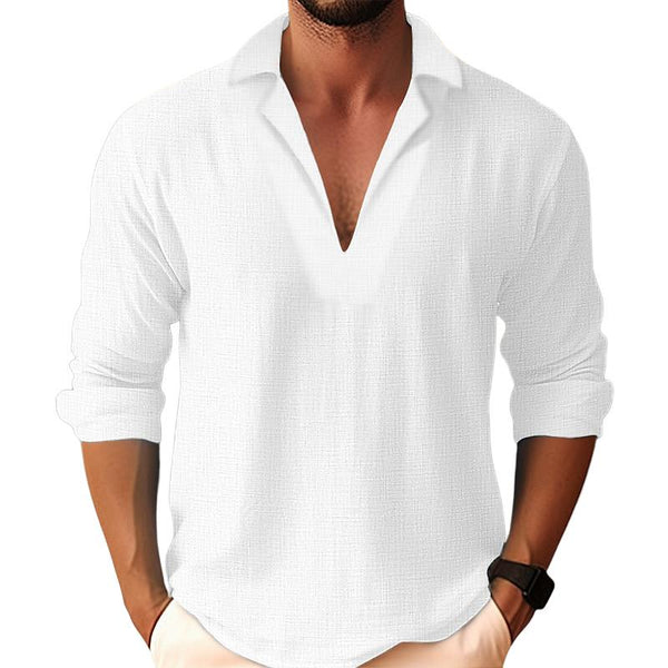 Men's Slub Cotton Long Sleeve Pullover Lapel Shirt 72135167X
