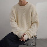 Men's Solid Cable Round Neck Loose Long Sleeve Sweater 94157368Z