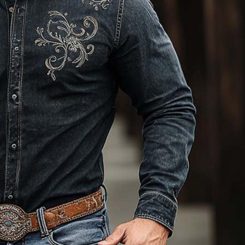 Men's Classic Retro Western Cowboy Style Embroidered Long Sleeve Denim Shirt 05541964K