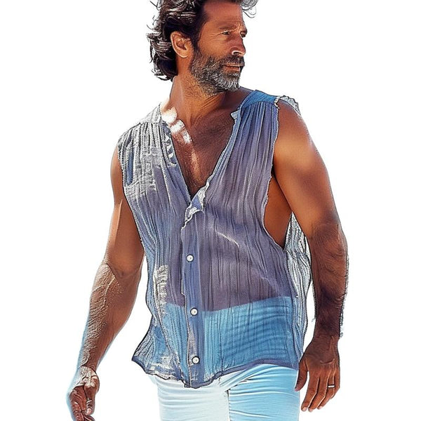 Men's Cotton And Linen Pleated Sheer Sleeveless Shirt 41988950Y