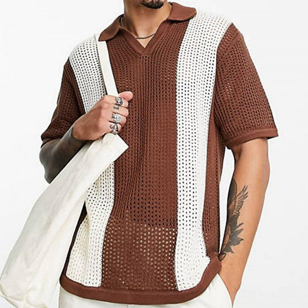 Men's Casual Thin Hollow Color Block Knitted Pullover Polo Shirt 55134326M