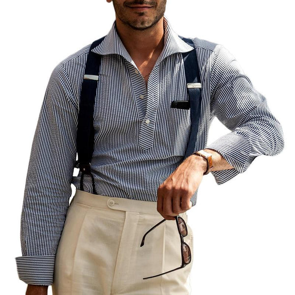 Men's Striped Lapel Pullover Long Sleeve Shirt 07925118Z