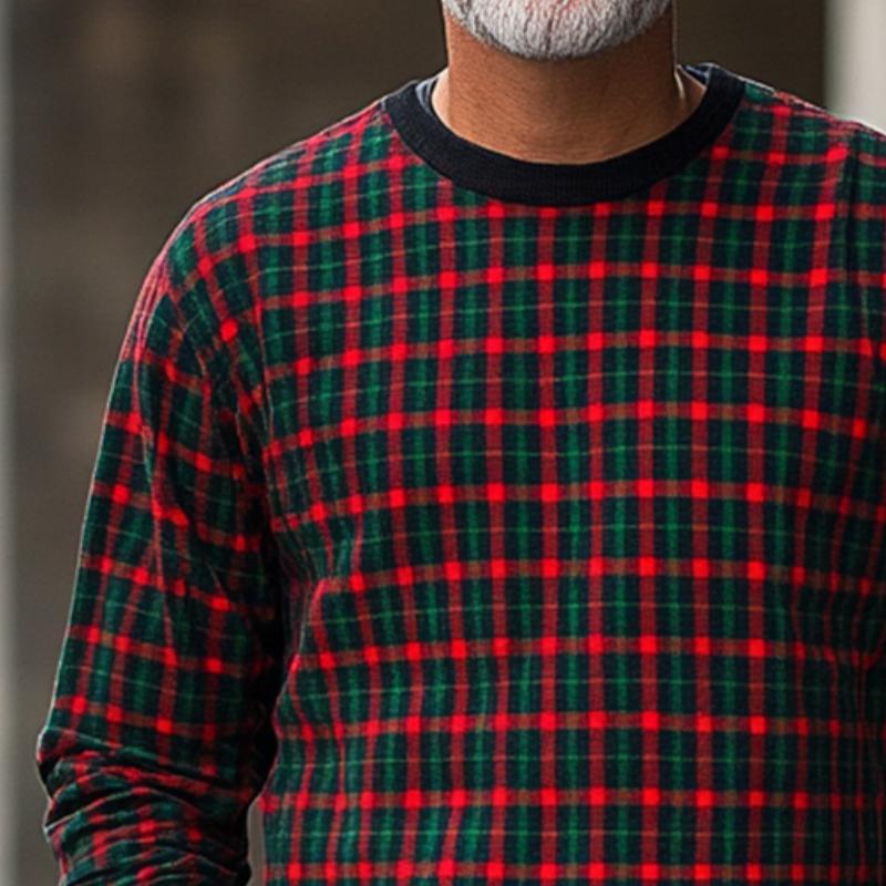 Men's Retro Casual Red and Green Plaid Christmas Crewneck Sweatshirt 97110529TO
