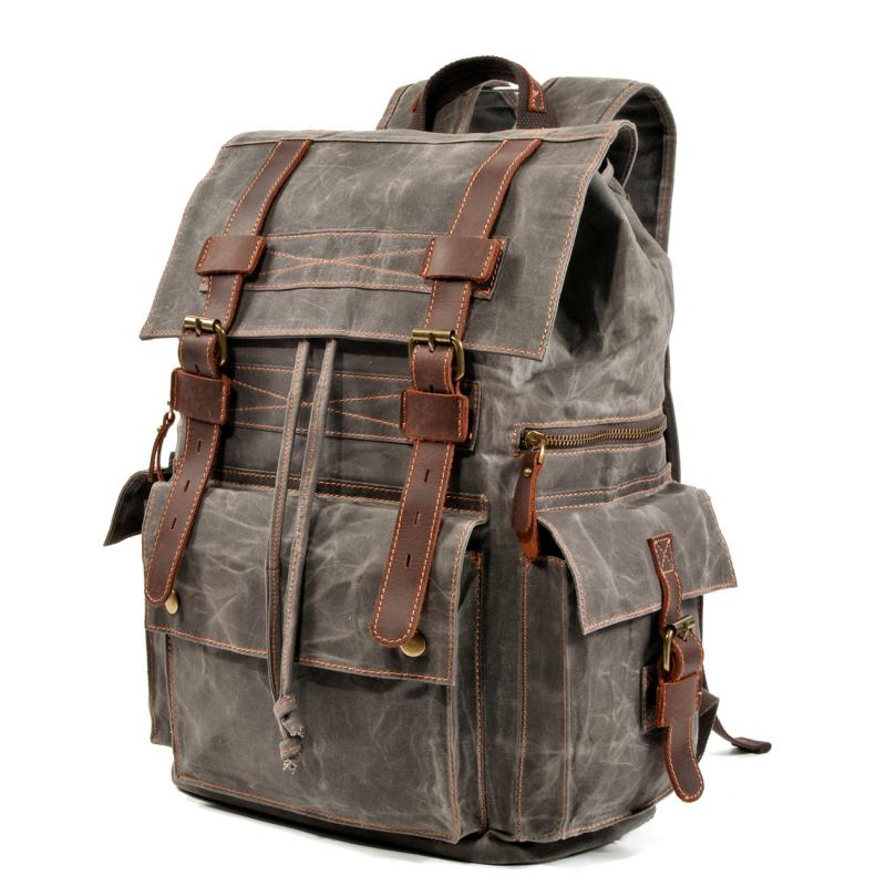 Men's Vintage Beeswax Canvas Outdoor Leather Multi-Pocket Backpack 92970713Y