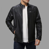 Men's Casual Stand Collar Slim Fit Zip-up Leather Motorcycle Jacket 68085444M