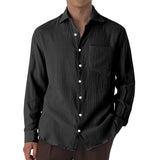 Men's Casual Cotton Linen Pleated Lapel Patch Pocket Slim Fit Long Sleeve Shirt 86231655M