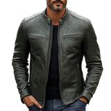 Men's Dark Green Vintage Zipper Leather Jacket 83993967U