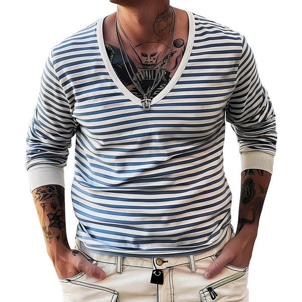 Men's Navy Style Striped V Neck Long Sleeve T-shirt 75034286Z