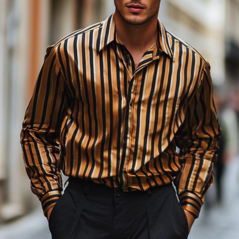 Men's Fashion Striped Satin Lapel Long Sleeve Shirt 12225822F