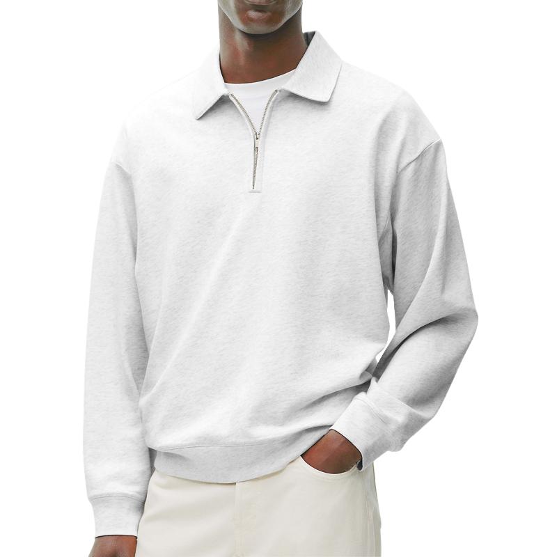 Men's Casual Cotton Blend Lapel Zipper Loose Long Sleeve Polo Shirt 03457928M