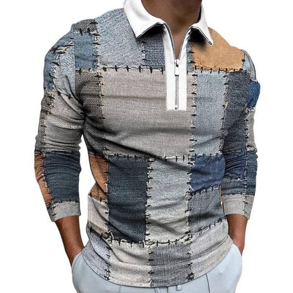 Men's Casual 3D Printed Zipper Long Sleeve POLO Shirt 26835406K