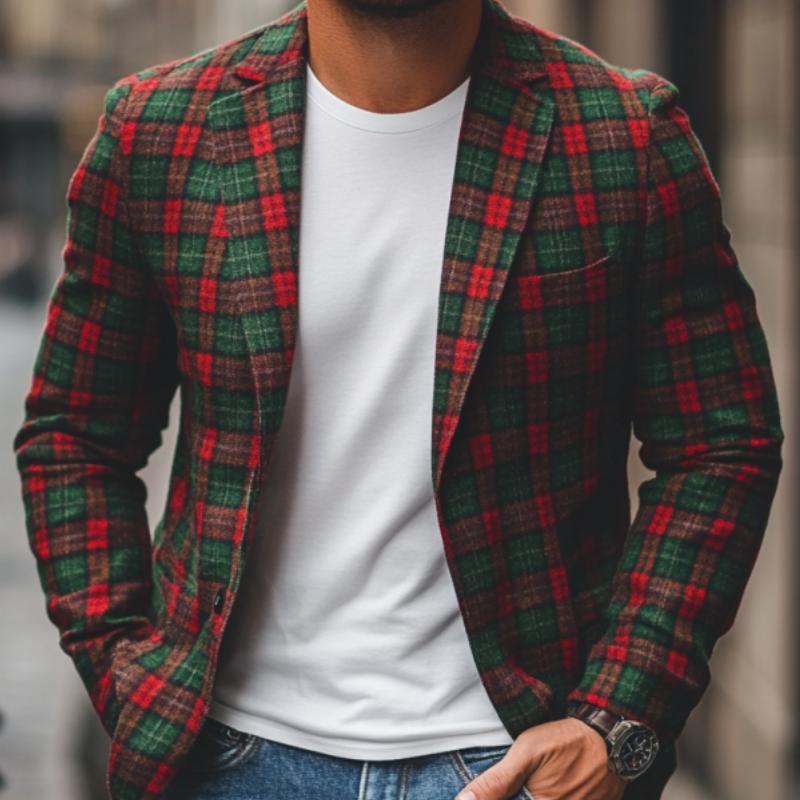 Men's Casual Notch Lapel Contrast Color Christmas Plaid Single-breasted Blazer 09626197M