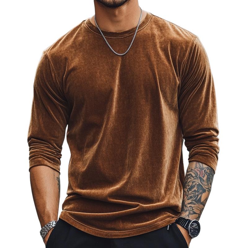 Men's Retro Casual Velvet V-neck Long Sleeve T-shirt 32213368TO