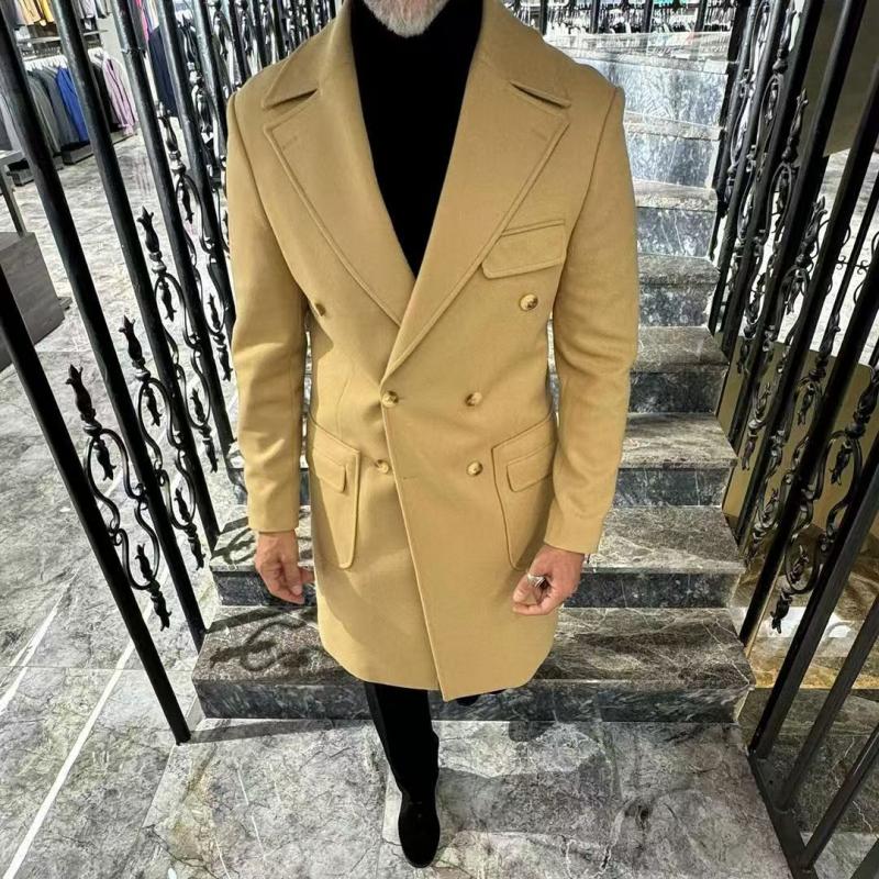 Men's Fashion Solid Color Lapel Double Breasted Mid-length Coat 35479637Z