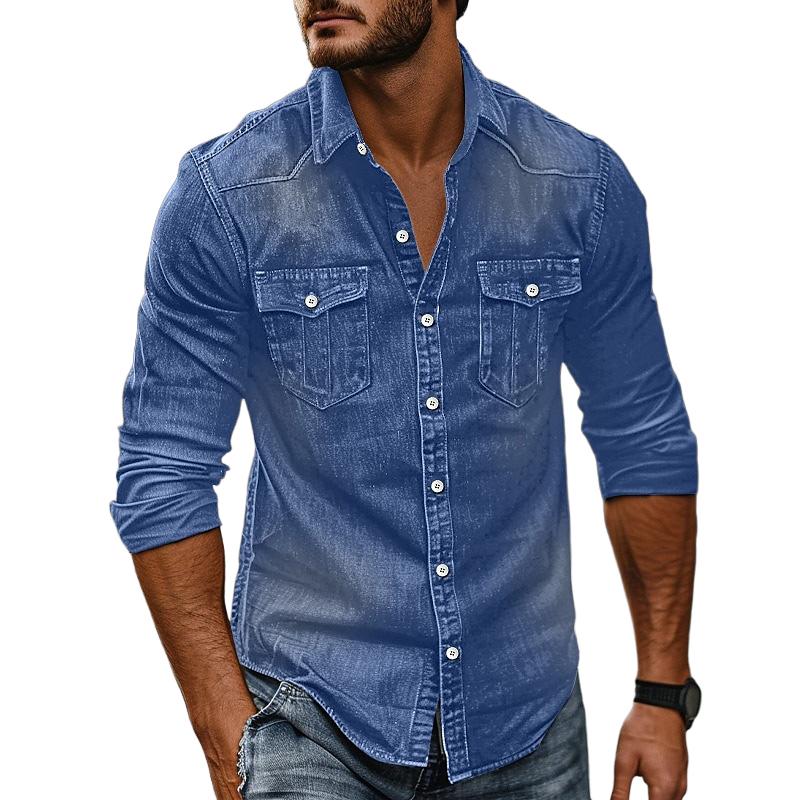 Herren Vintage Washed Distressed Denim Revers Hemd 89638435X