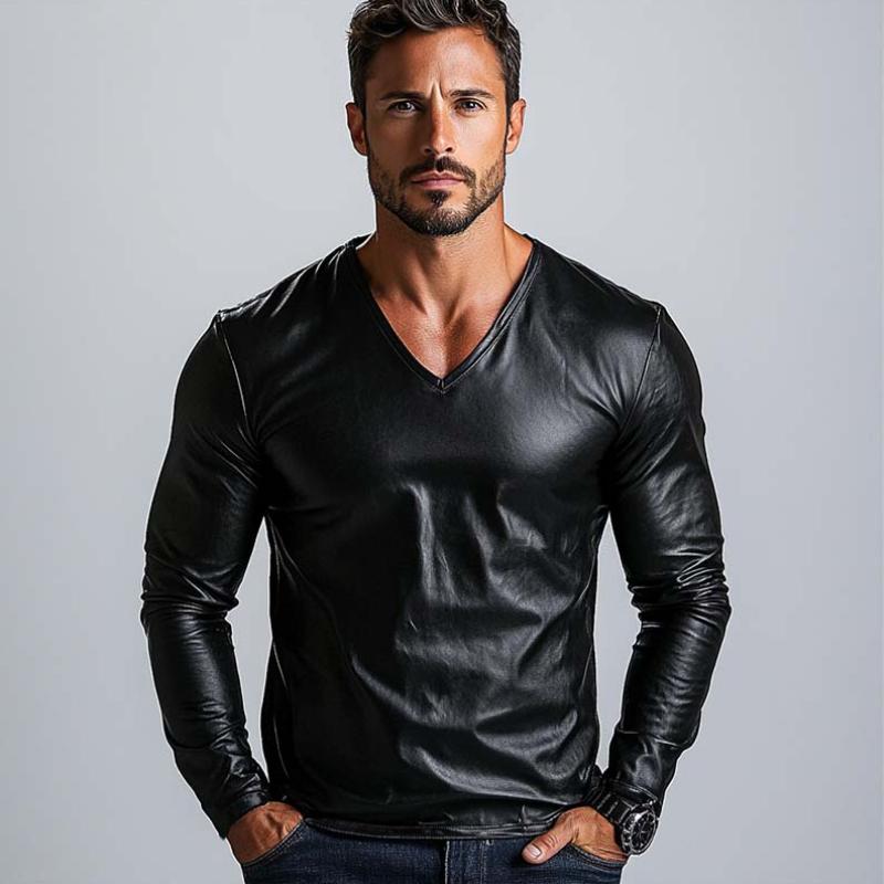 Men's Classic Casual V-Neck Leather Long Sleeve T-Shirt 07271932K