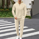 Men's Casual Solid Color Waffle Loose Hoodie Sports Pants Set 18828417M