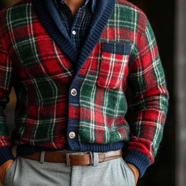 Men's Vintage Christmas Colorful Check Lapel Chest Pocket Knit Cardigan 65800846Y