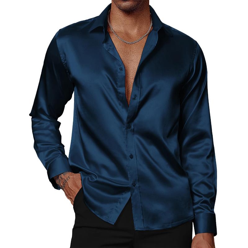 Men's Casual Solid Color Satin Lapel Long Sleeve Shirt 51577471Y