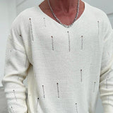 Men's Fashion Solid Color Holes V Neck Long Sleeve Knit Sweater 15031462Z