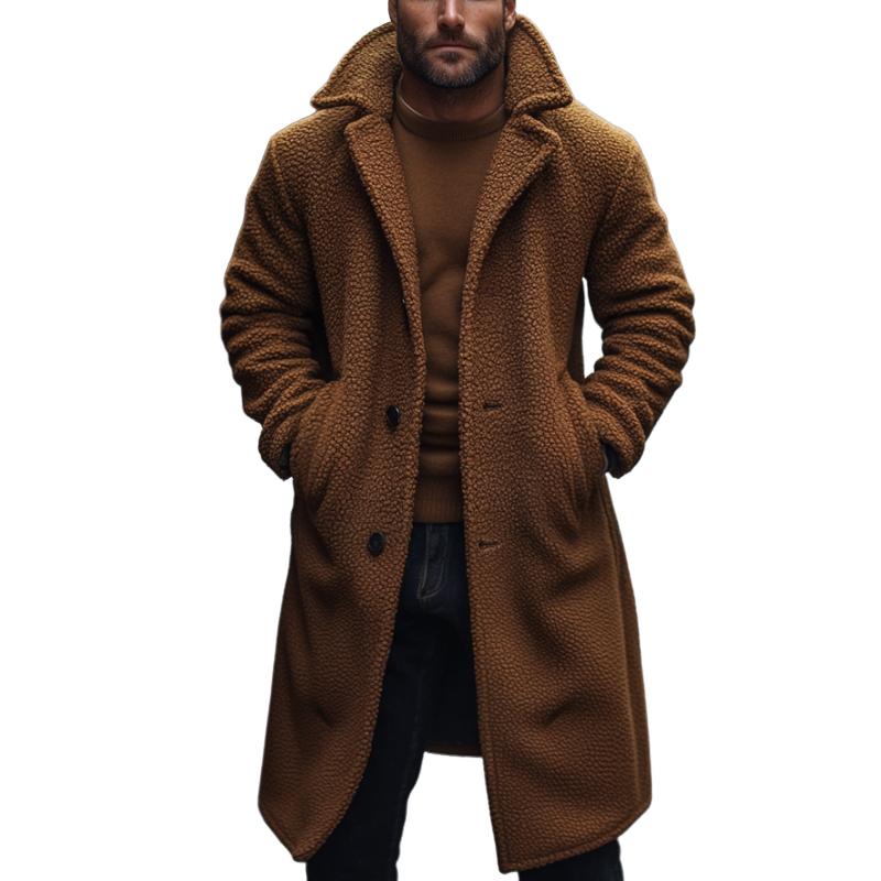 Men's Retro Casual Solid Color Polar Fleece Mid-Length Single-Breasted Coat 10119650TO