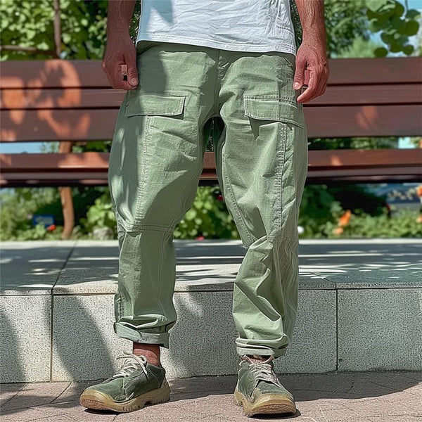 Men's Solid Cotton Multi-pocket Straight Loose Cargo Pants 71552456Z