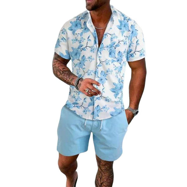 Men's Printed Short-sleeved Shirt and Beach Shorts Two-piece Set 94322411X