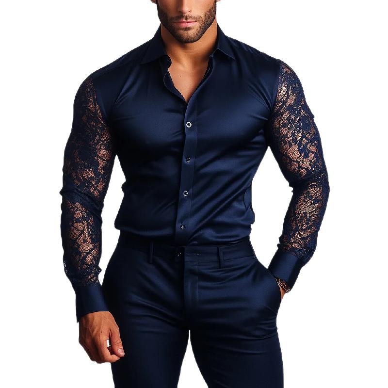 Men's Fashion Satin Lace Slim Fit Long Sleeve Shirt 11824392Y