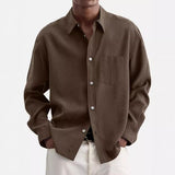 Men's Casual Cotton Blend Lapel Loose Long Sleeve Shirt 14747103M