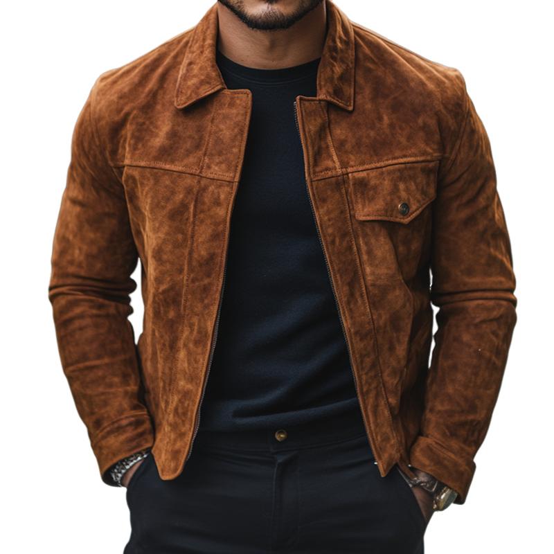 Men's Solid Color Suede Lapel Zipper Jacket 31210674Z