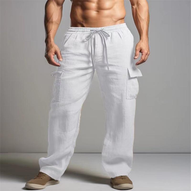 Men's Solid Cotton And Linen Elastic Waist Multi-pocket Casual Pants 09929953Z