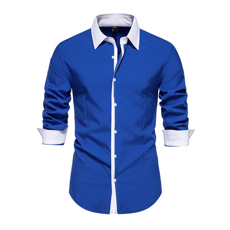 Men's Fashion Colorblock Patchwork Lapel Slim Fit Long Sleeve Shirt 34804991M