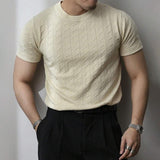Men's Solid Color Knit Cable Round Neck Short Sleeve T-shirt 94618486Z