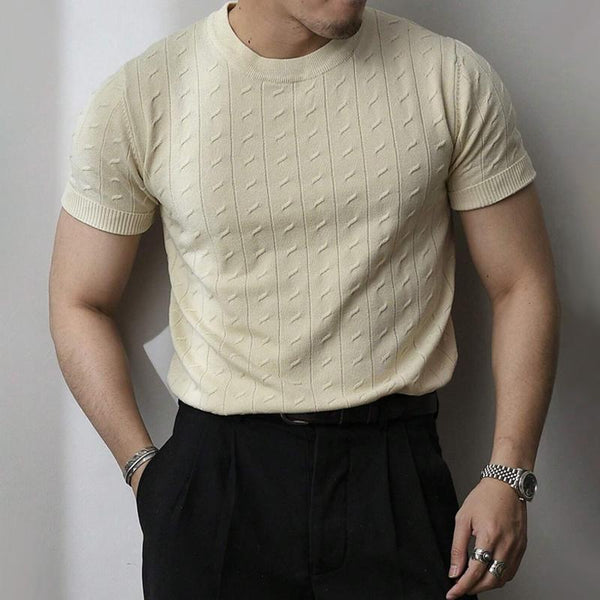Men's Solid Color Knit Cable Round Neck Short Sleeve T-shirt 94618486Z