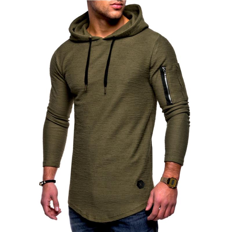 Men's Classic Casual Arm Zipper Solid Color Crew Neck Hooded Long Sleeve T-Shirt 86433370K