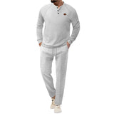 Men's Solid Waffle Henley Collar Long Sleeve T-shirt Trousers Casual Set 89658344Z