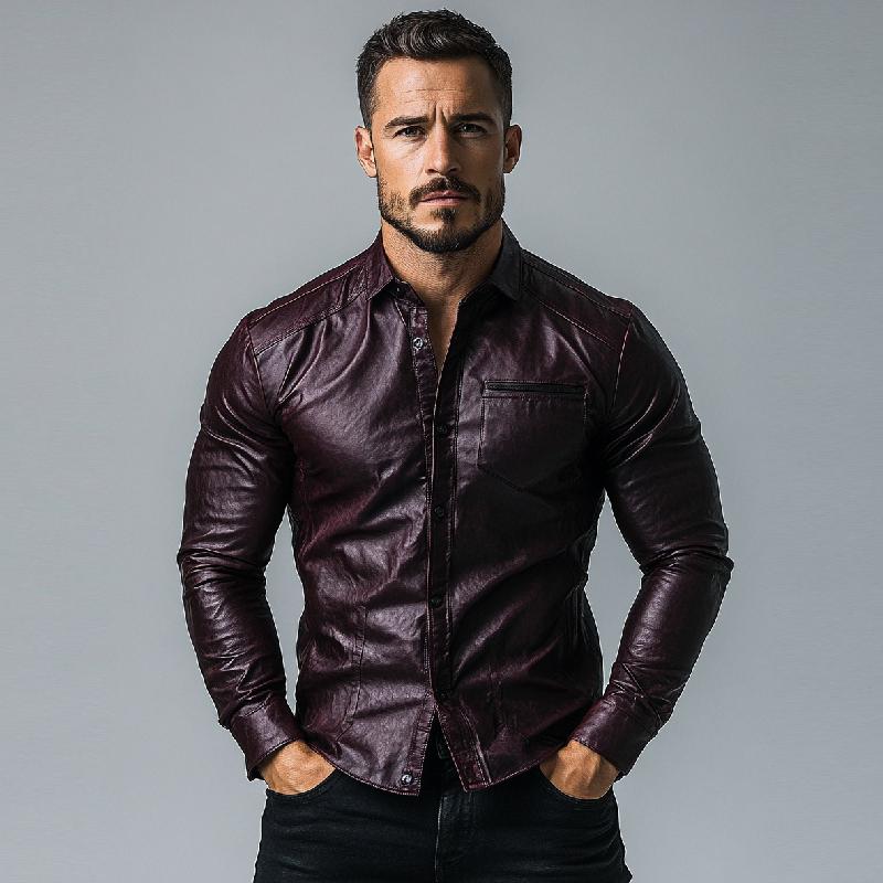 Mens Fashion Single Breasted Slim Fit Long Sleeve Leather Shirt 12449813Y