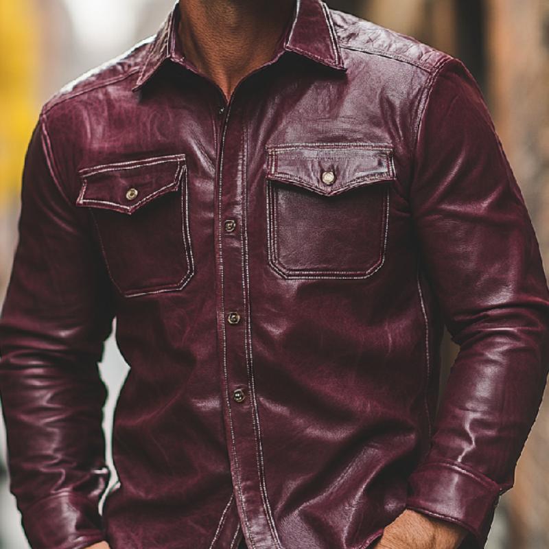 Men's Casual Burgundy Lapel Long Sleeve Leather Shirt 29333983F