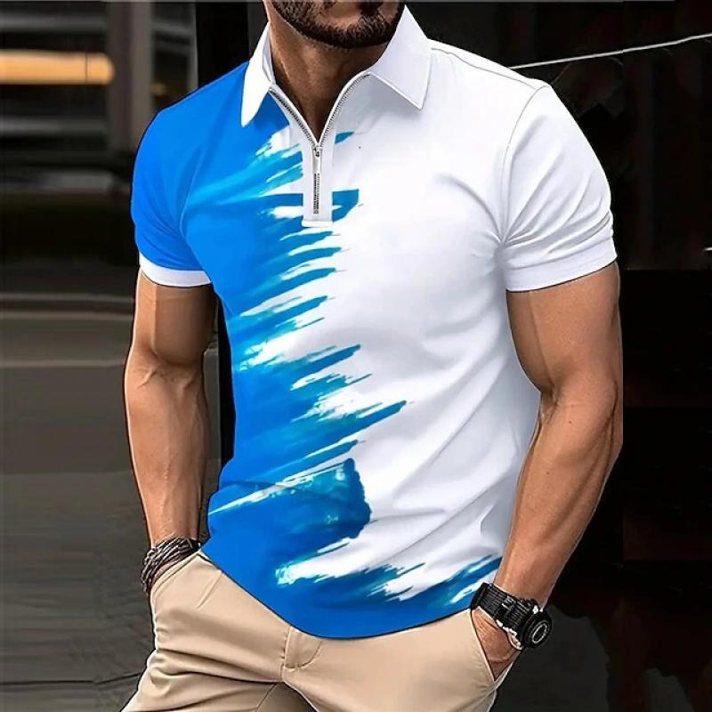 Men's Casual Printed Zipper Lapel Loose Short Sleeve Polo Shirt 52347670M