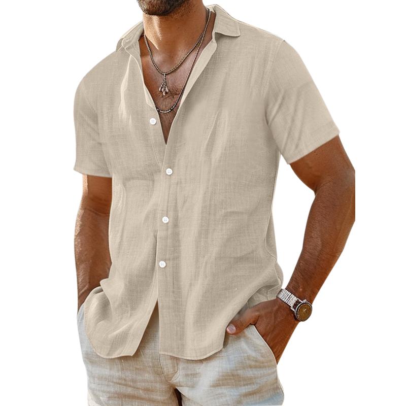 Men's Casual Cotton Linen Solid Color Lapel Slim Short Sleeve Shirt 40996443M