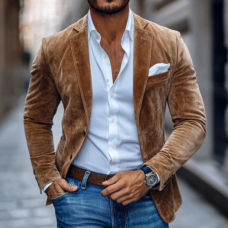 Blazer décontracté à revers crantés et deux boutons en daim uni pour homme 01543684Z