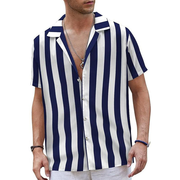Men's Striped Lapel Short Sleeve Beach Shirt 94193961Z