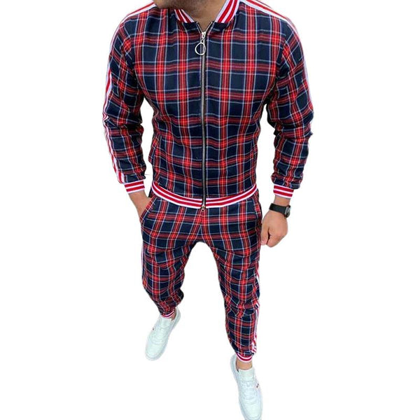 Men's Retro Casual Plaid Print Zipper Two-Piece Set 29572226TO