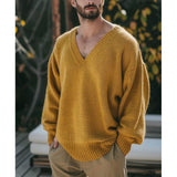 Men's Casual Loose Solid Color Knit V-Neck Sweater 24370912Y