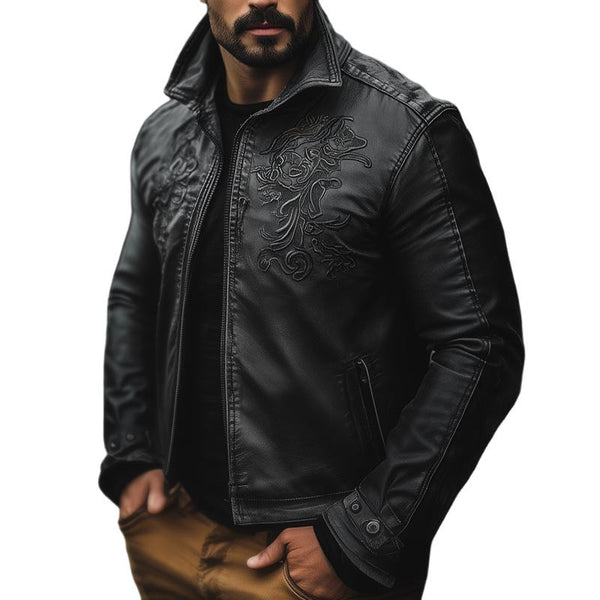 Men's Vintage Embroidery PU Leather Lapel Zipper Casual Jacket 37358785Z