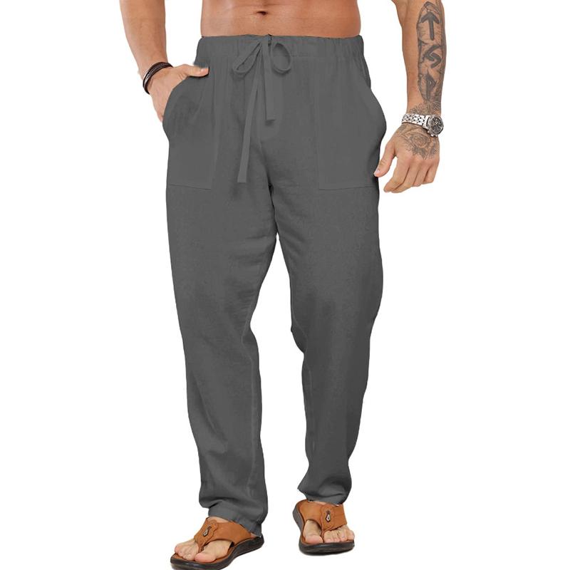 Men's Solid Cotton And Linen Drawstring Elastic Waist Casual Pants 51036837Z