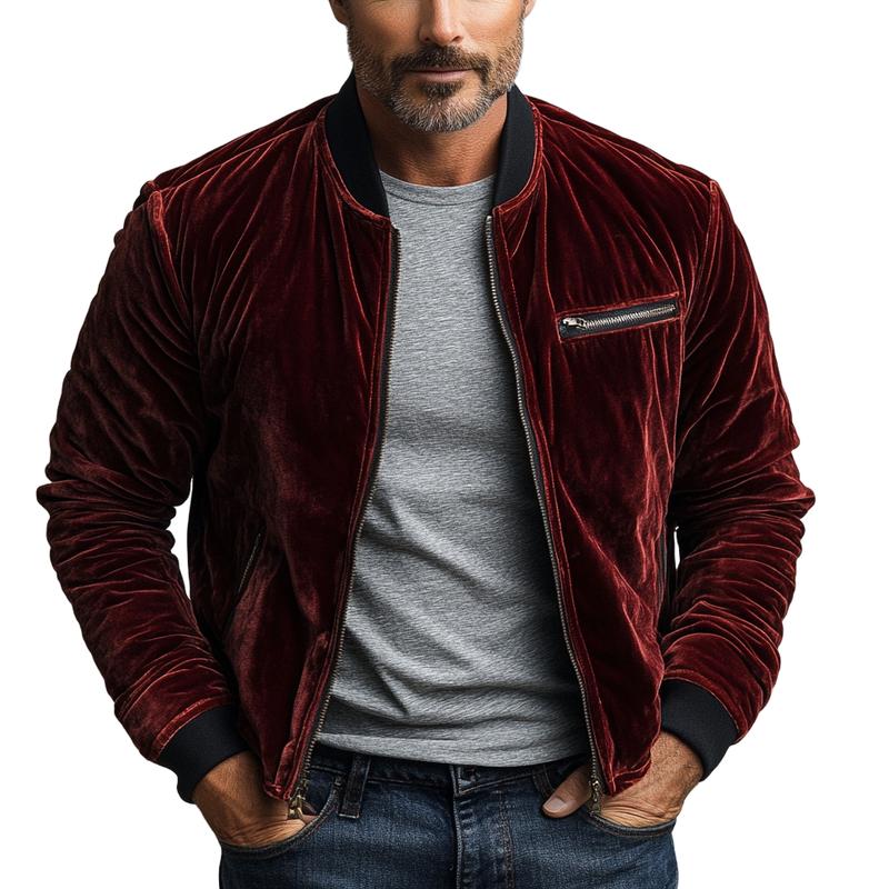 Men's Fashion Velvet Zipper Crew Neck Baseball Jacket 50293382Y