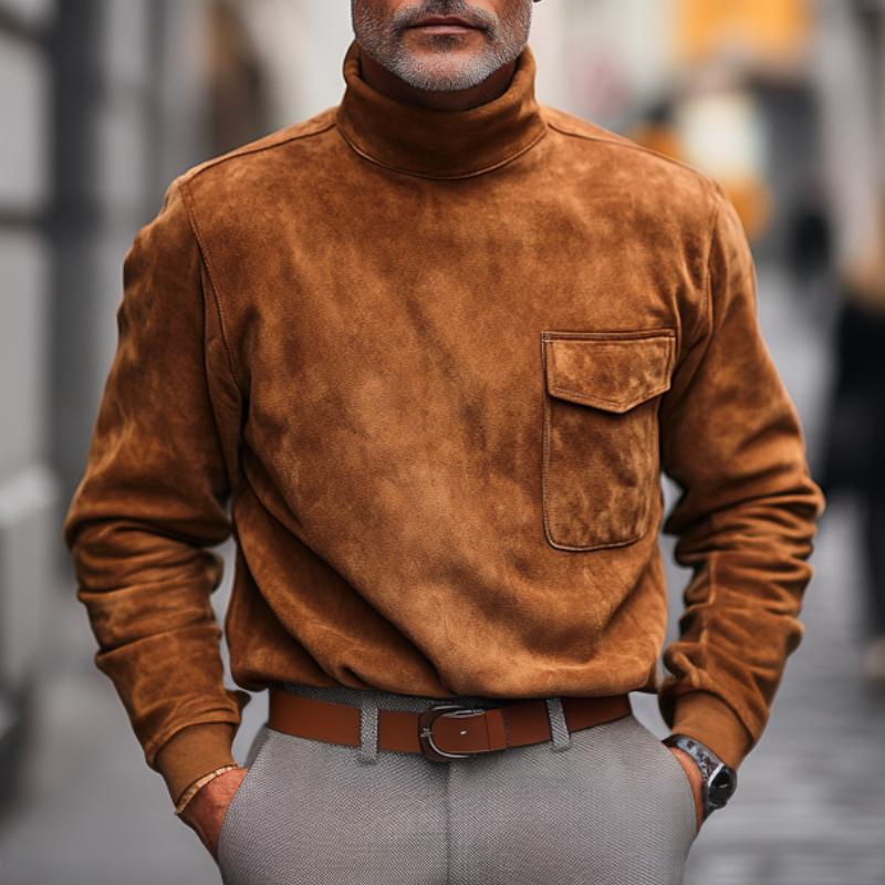 Men's Vintage Suede Turtleneck Long Sleeve T-Shirt 28928626F