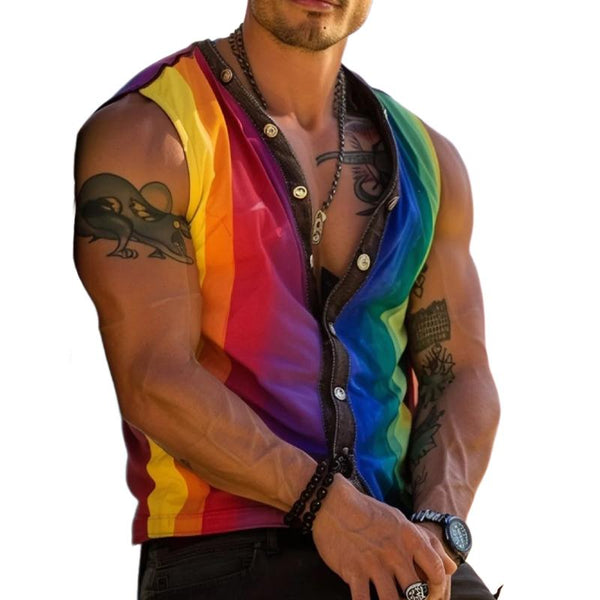 Men's Rainbow Striped Patchwork Collarless And Sleeveless Shirt 11346981Y